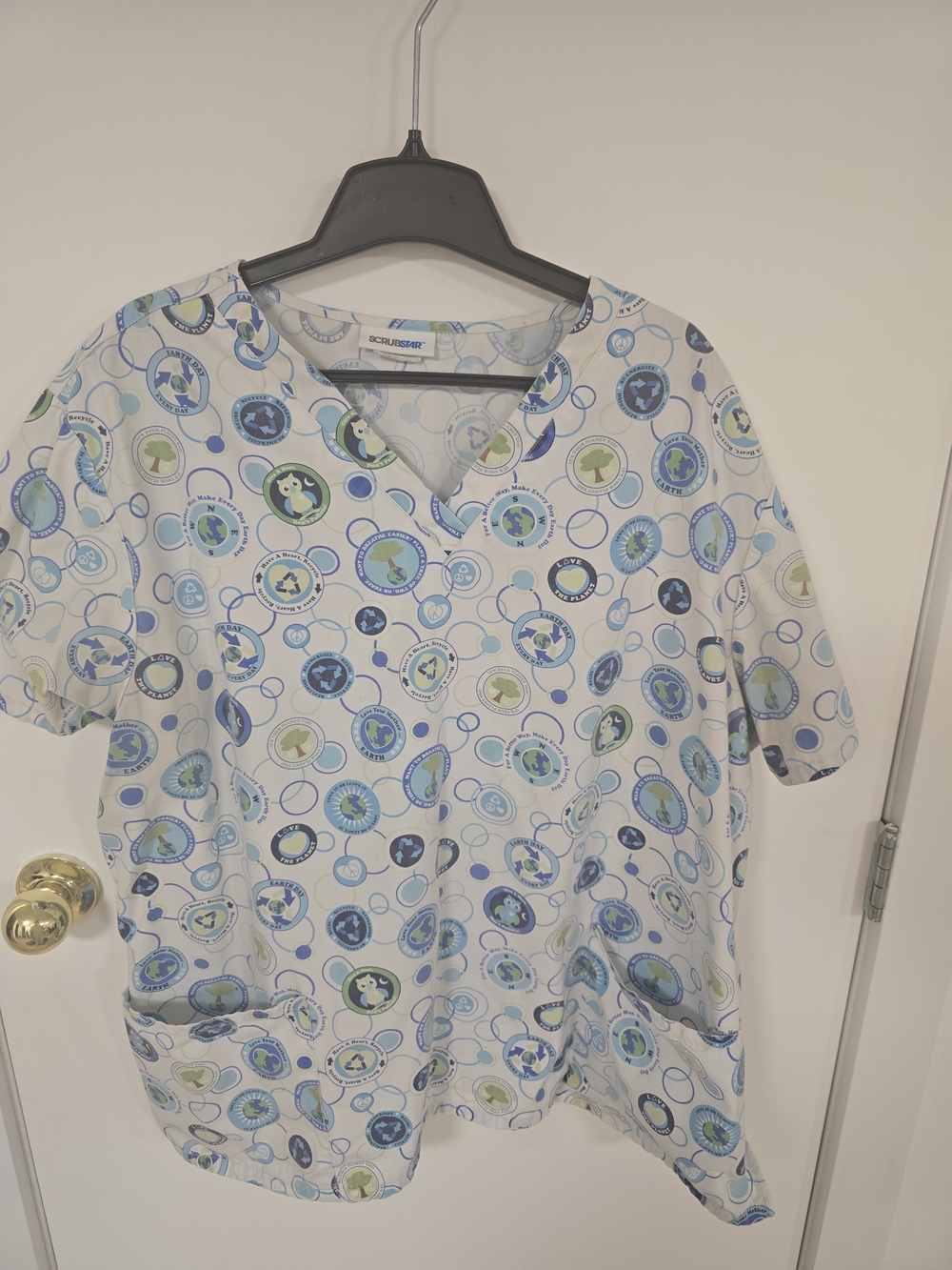 Scrubstar Women's White Blue Green Print V-Neck Medical Scrub Top